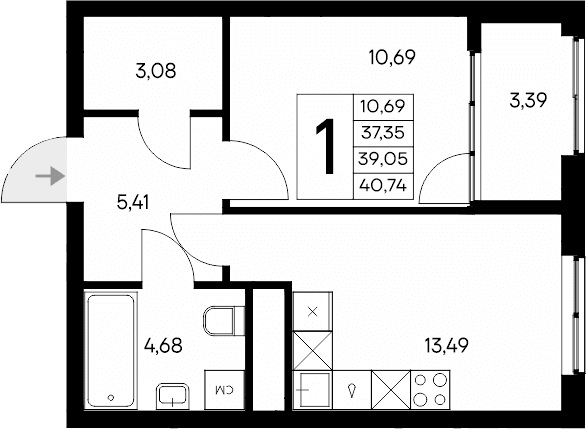 1-комн., 37.35 м²