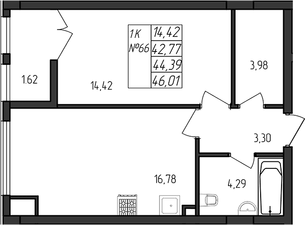 1-комн., 42.77 м²