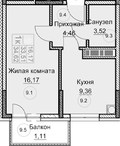 1-комн., 33.51 м²