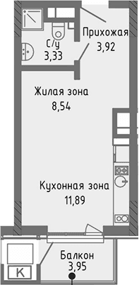 Студия, 27.68 м²
