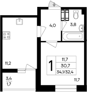 1-комн., 30.7 м²