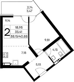 1-комн., 38.14 м²
