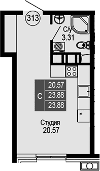 Студия, 23.88 м²