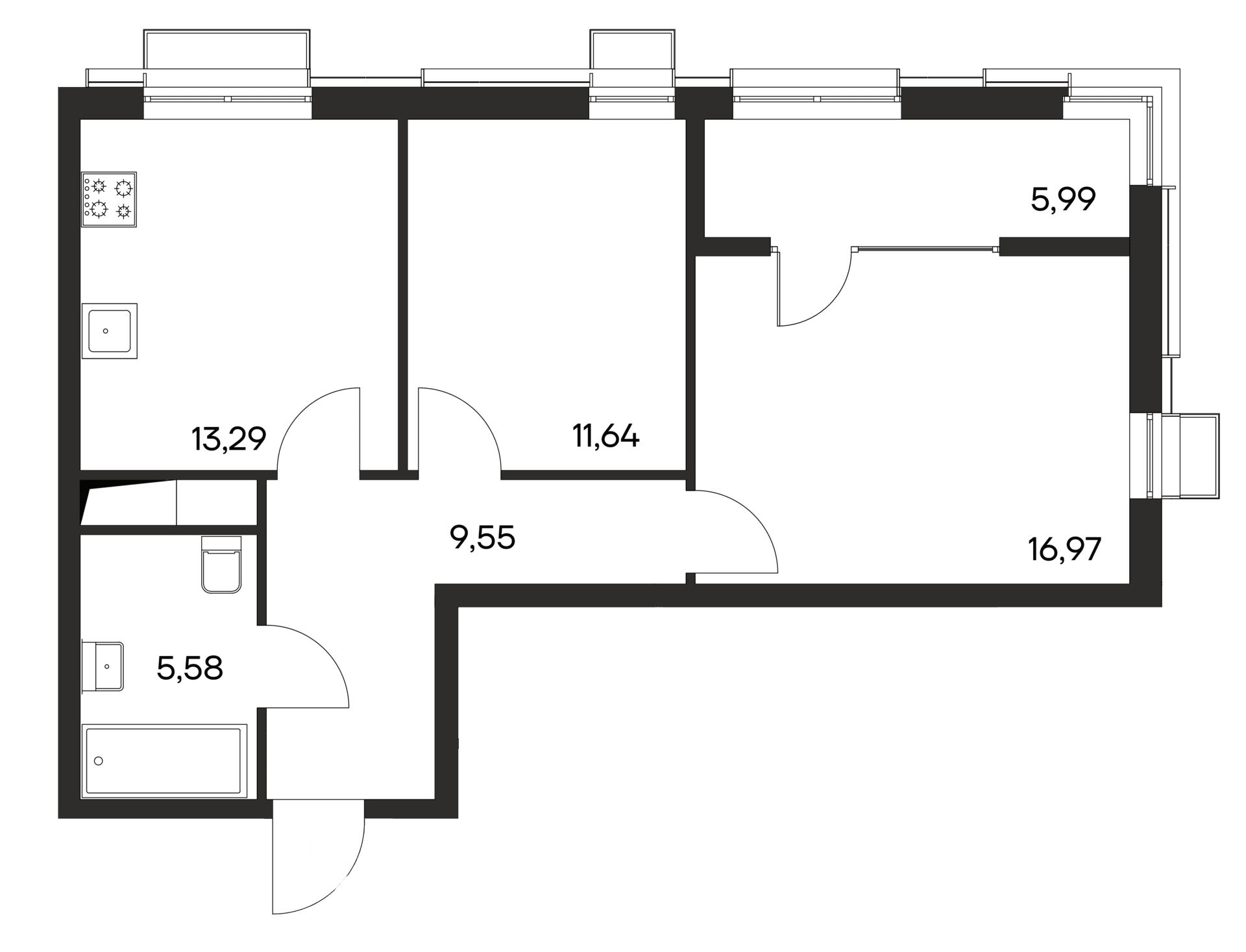 2-комн., 57.03 м²