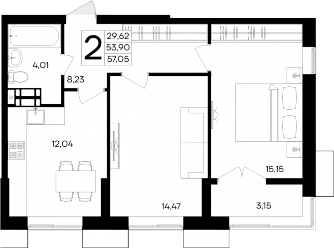 2-комн., 53.9 м²
