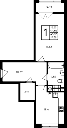 1-комн., 44.35 м²