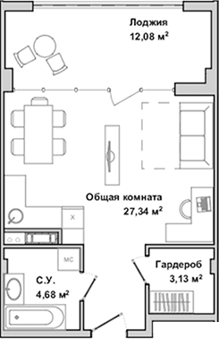 Студия, 35.12 м²