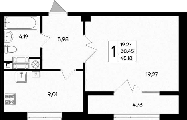 1-комн., 38.45 м²