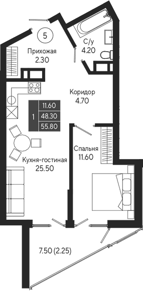 1-комн., 48.3 м²