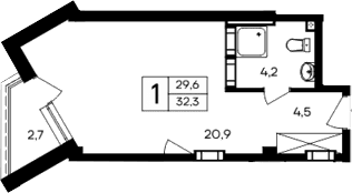 Студия, 29.6 м²