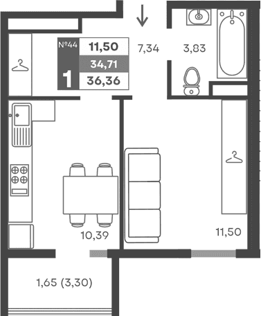 1-комн., 33.06 м²