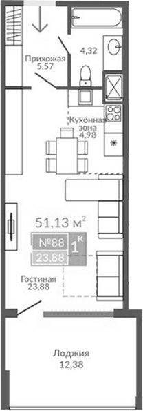 Студия, 38.75 м²