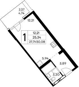 Студия, 27.71 м²