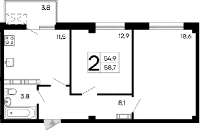 2-комн., 54.9 м²