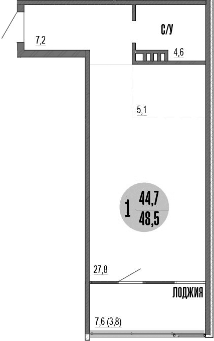 Студия, 44.7 м²