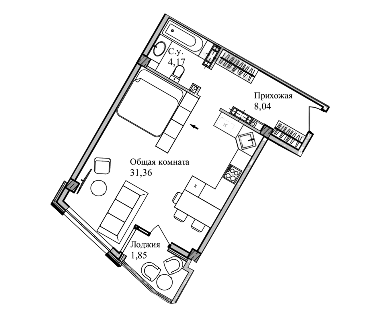 Студия, 45.65 м²