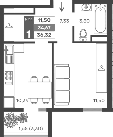 1-комн., 33.02 м²