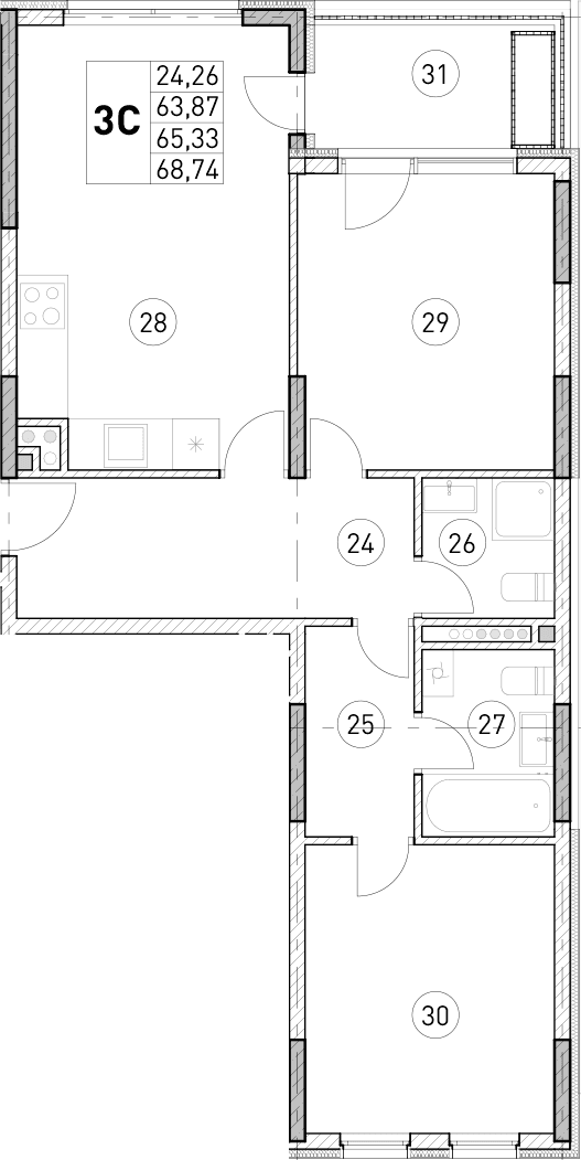2-комн., 63.87 м²