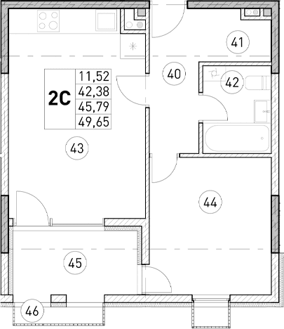 2-комн., 42.38 м²