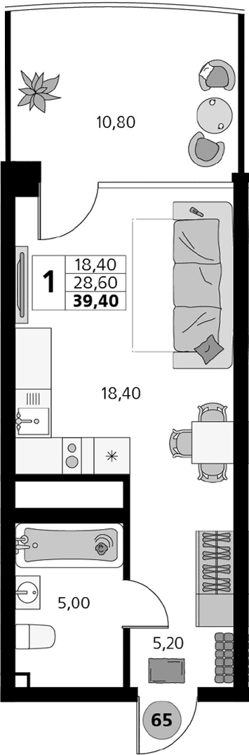 Студия, 28.6 м²