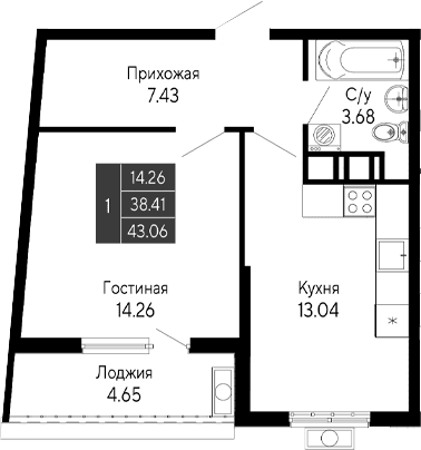 1-комн., 38.41 м²