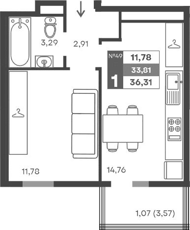 1-комн., 32.74 м²
