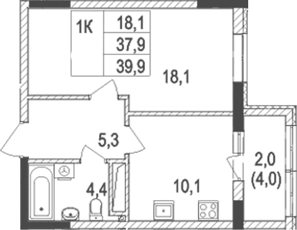 1-комн., 37.9 м²