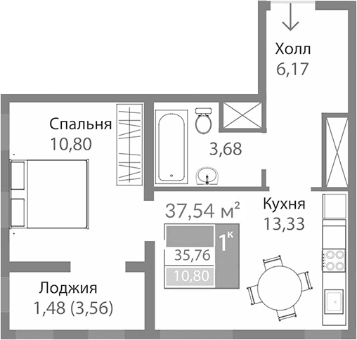 1-комн., 33.98 м²