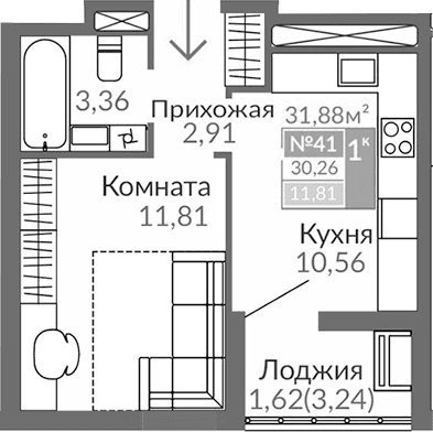1-комн., 28.64 м²