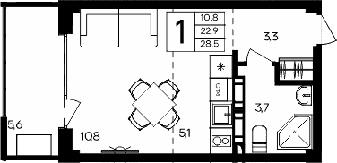 Студия, 22.9 м²