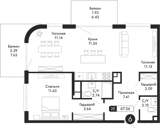 2-комн., 63.12 м²