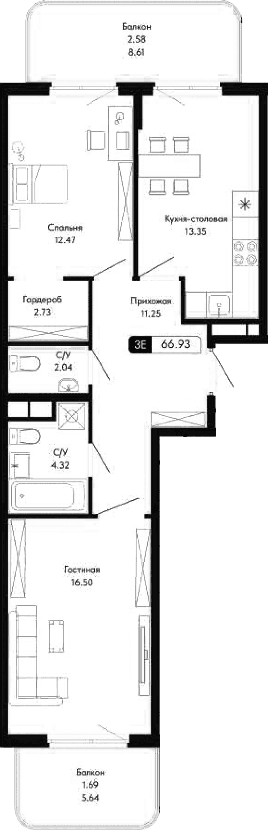 3-комн., 62.66 м²