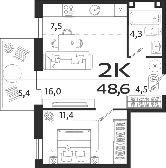2-комн., 43.2 м²