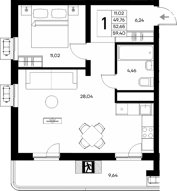 1-комн., 49.76 м²