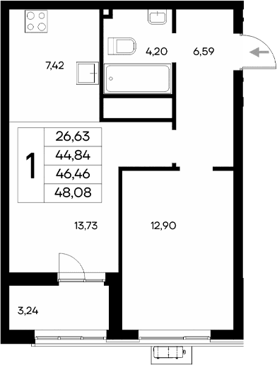 1-комн., 44.84 м²