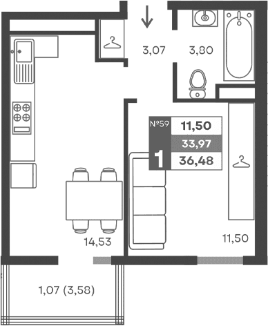 1-комн., 32.9 м²