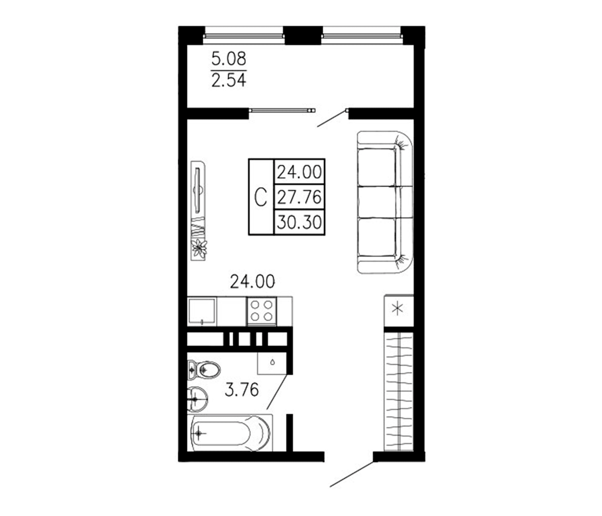 Студия, 27.76 м²