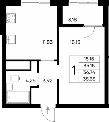 1-комн., 35.15 м²