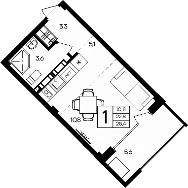 Студия, 22.8 м²