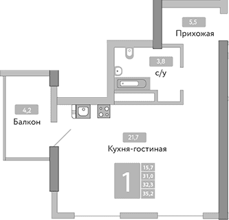Студия, 31 м²