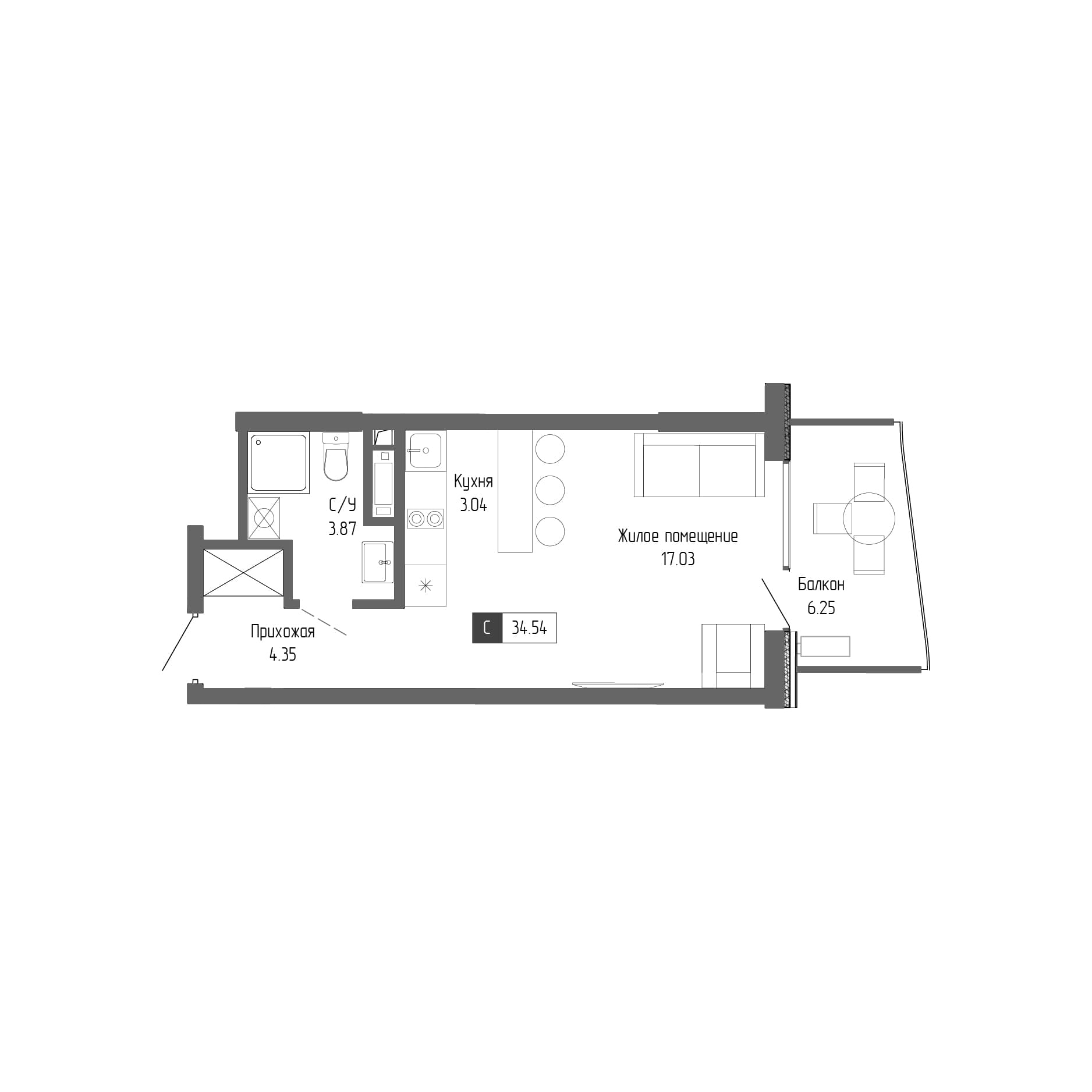 Студия, 28.29 м²