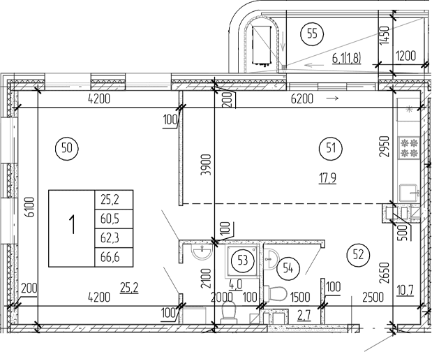 1-комн., 66.6 м²