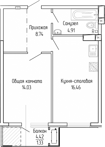 1-комн., 44.14 м²