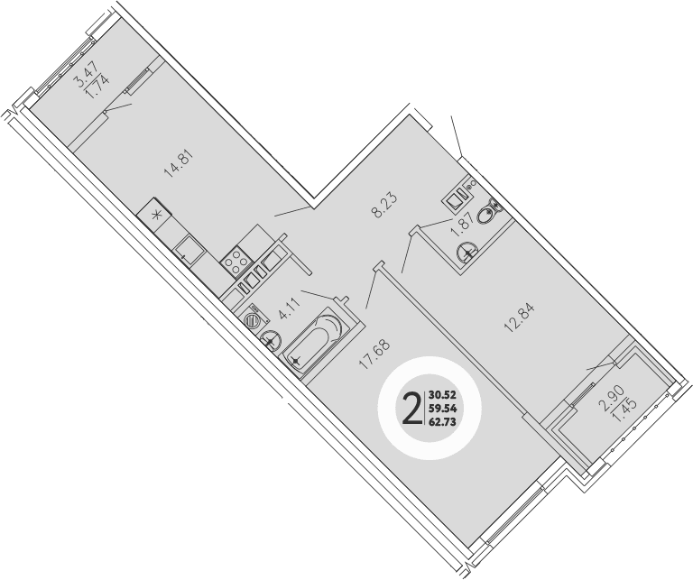 2-комн., 59.54 м²