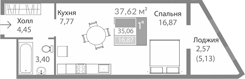 Студия, 32.49 м²