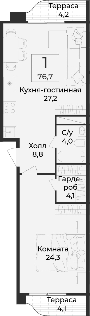 1-комн., 68.4 м²