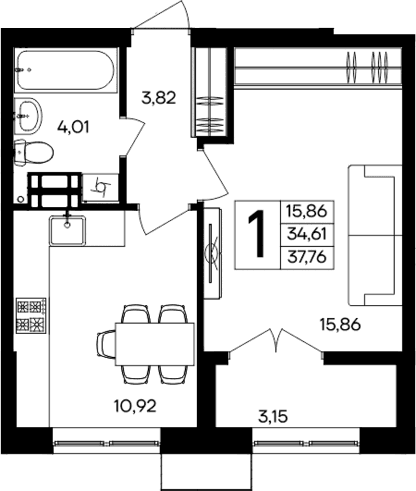 1-комн., 34.61 м²