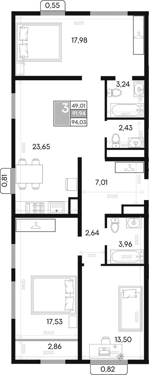 3-комн., 91.94 м²