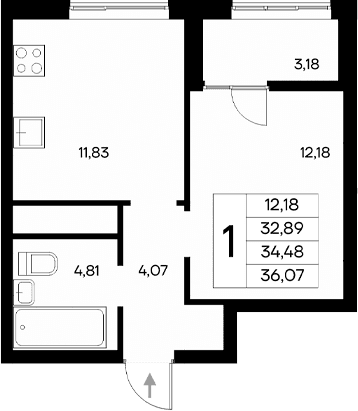 1-комн., 32.89 м²