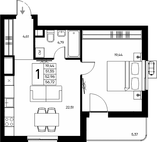 1-комн., 51.35 м²